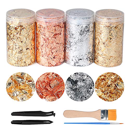 Gilding Resin Flakes Set Gold Silver and Copper Foil Leaf Flakes Metallic Foil Flakes with Tweezers and Brush for Resin Jewelry Making Lip Gloss Canvas Painting Nail Art Crafts (40 Gram)