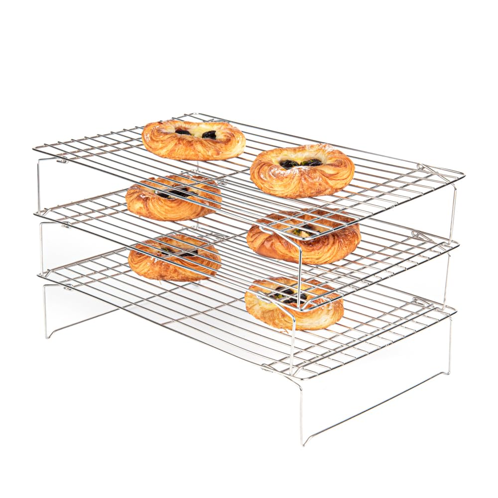 RestaurantwareMet Lux 15.7 x 9.8 x 8.3 Inch Wire Baking Rack Set 1 Dishwashable Oven Wire Rack Set - 3-Tier Design Oven-Ready Up To 575F Stainless Steel Cooling Rack Set With Collapsible Feet