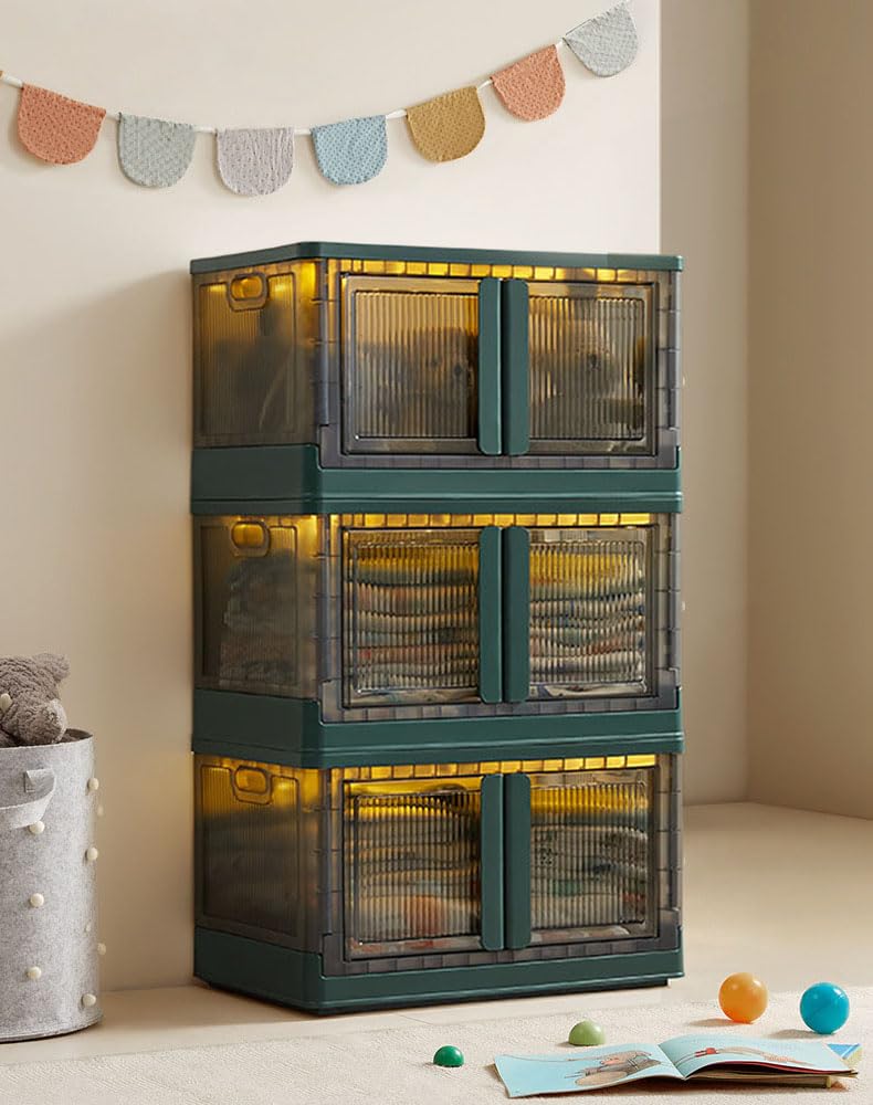 Foldable Storage Box Plastic Storage Organizer Box Multiuse Clear Stackable Storage Bins with Lids and Wheels for Clothes Snacks Toys Books Tools Medicine Office and Kitchen Supplies, 3pcs (Green)