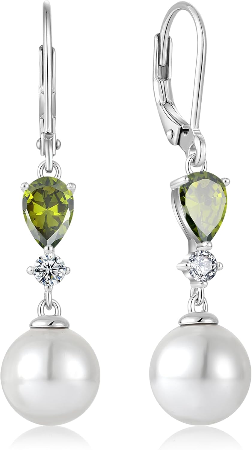 Pearl Earrings for Women 925 Sterling Silver Hypoallergenic Dangle Drop Earring - 10MM White Pearls with Birthstone Jewelry