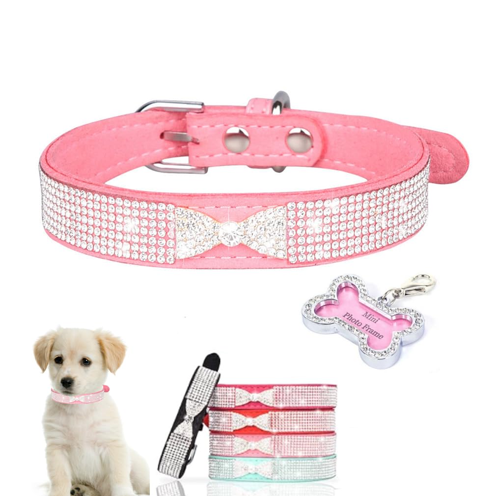 Pink XS Dog Collar with Rhinestone, Pretty Bow Crystal Bling Cat Collars Glitter Jeweled Sparkly Diamond Girl Puppy Collar for XXS Xs Small Medium Pet Female Dogs Kitten, XS