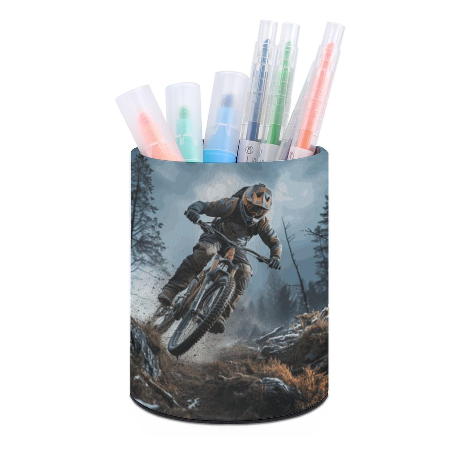 DWVTSLH Aesthetic Pen Holder for Desk - Modern Leather Pencil Holder - Stylish Round Makeup Brush Holder - Mountain Bike Tournament Pen Cup Cute And Functional Desk Organizer for Office Supplies