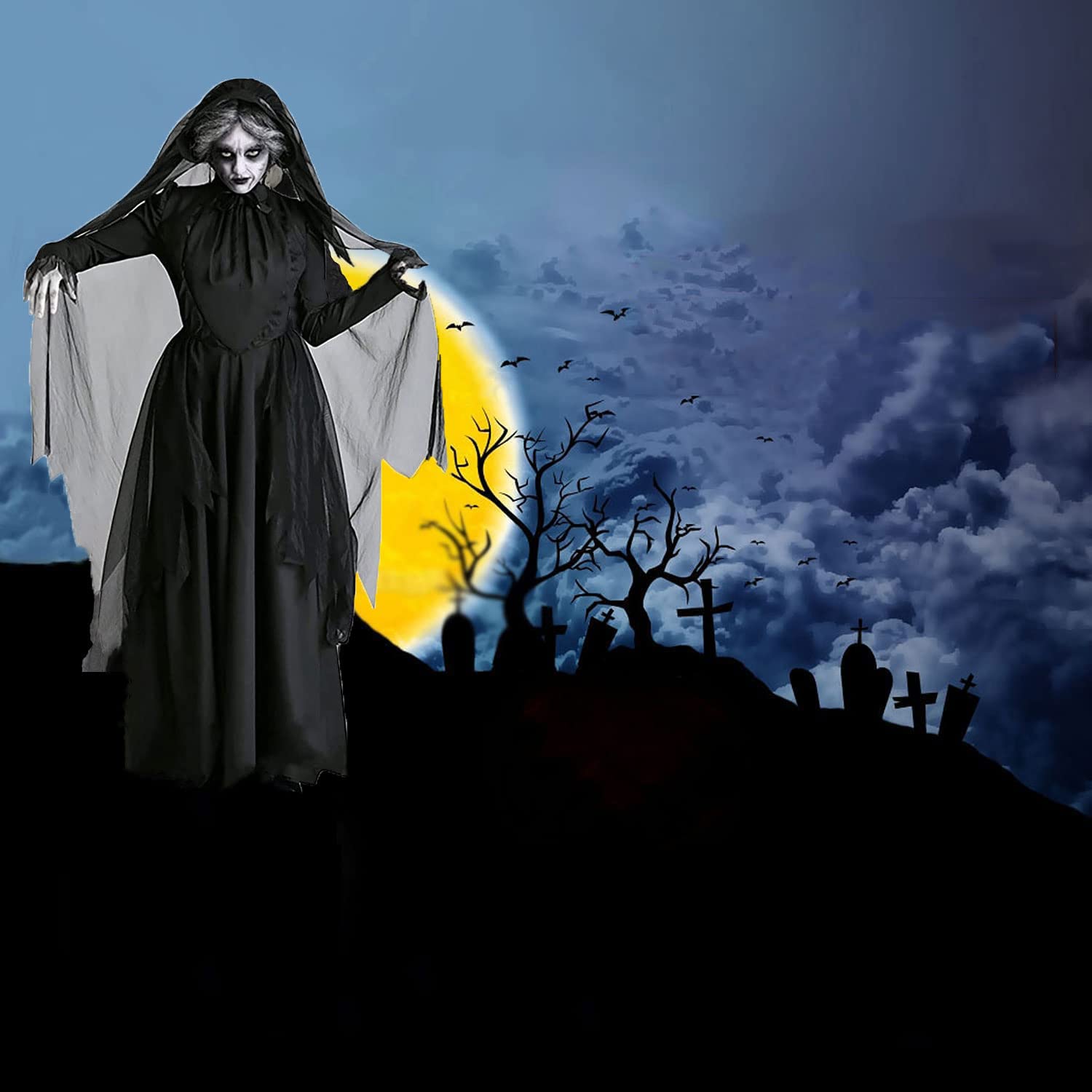 ITODA Halloween Ghost Bride Costume Full Length Corpse Bride Dress Black Gothic Vampire Outfit Zombie Wedding Dress Wicked Witch Cloak Halloween Haunted Ghost Fancy Cape - Image 4