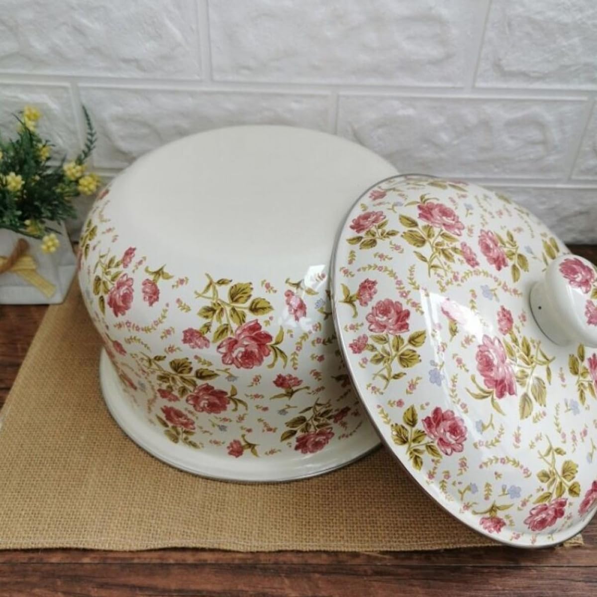 Sosoport Pentola per Zuppa Domestica Smaltata 18 CM a Fondo Piatto Doppio Manico Pentola da Cucina Pratica per Pasta Riso e Brodo Adatta Uso Casalingo