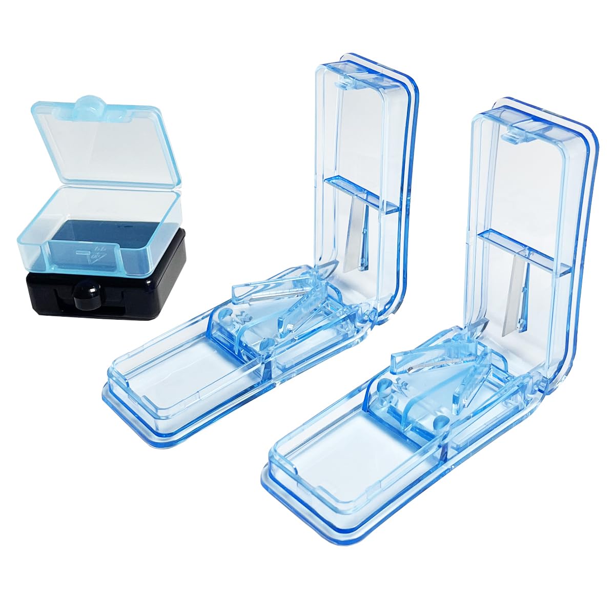 2Pcs Pill Cutter with 2 Pill Boxes, Professional Pill Splitter for Cutting Small Pills or Large Pills, to 1/2, 1/4, 1/8, Portable Small Pill Splitter and Pill Organization, Pill Slicer, Blue