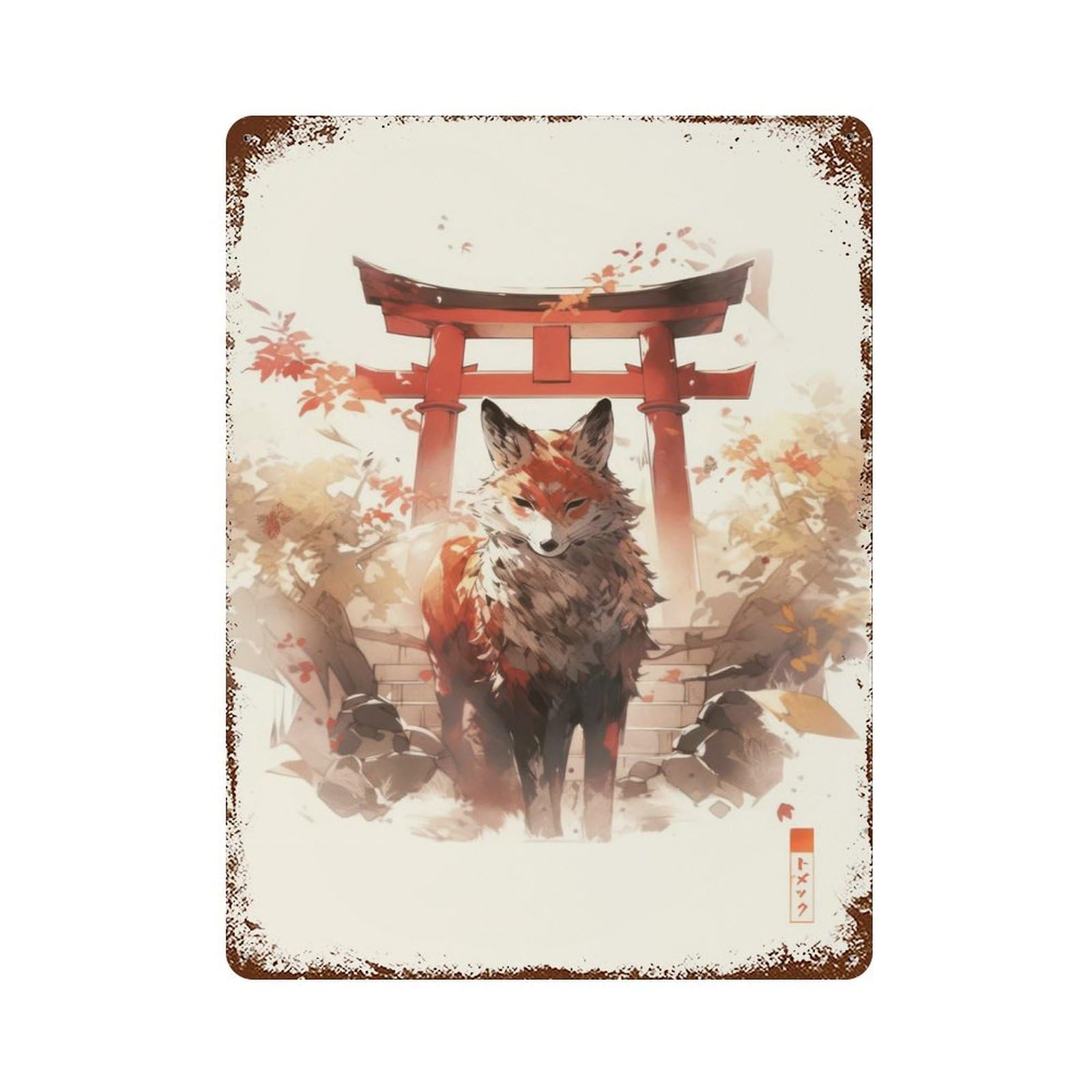 Garage Style Torii Gate Fox Vintage Rust Metal Sign 15.7"x11.8", Industrial Home Decor for Bar And Workshop