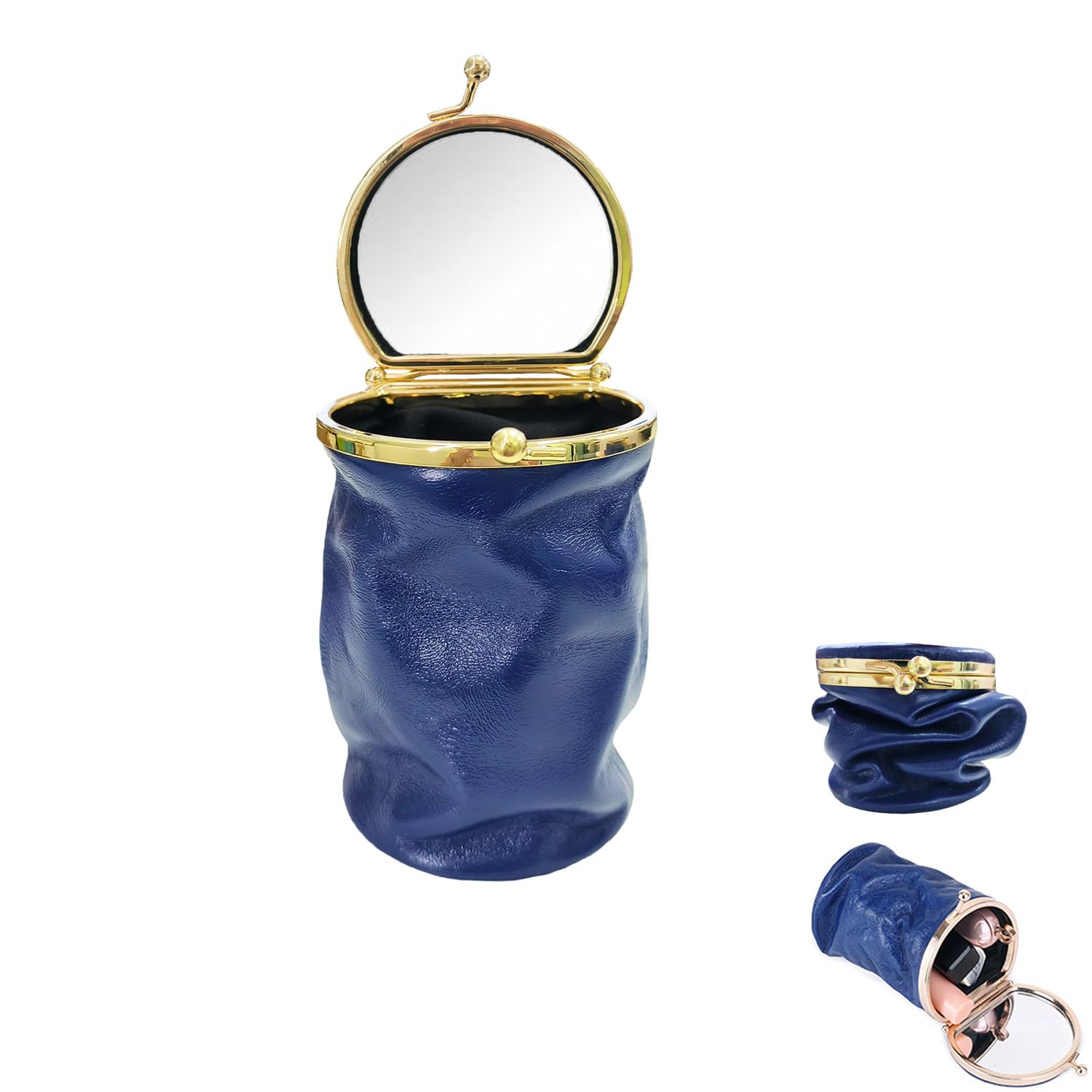 RRBMMH Leather Lipstick Pouch Mini Cosmetic Bag with Mirror Foldable Makeup Pouch for Travel Portable Leather Coin Purse