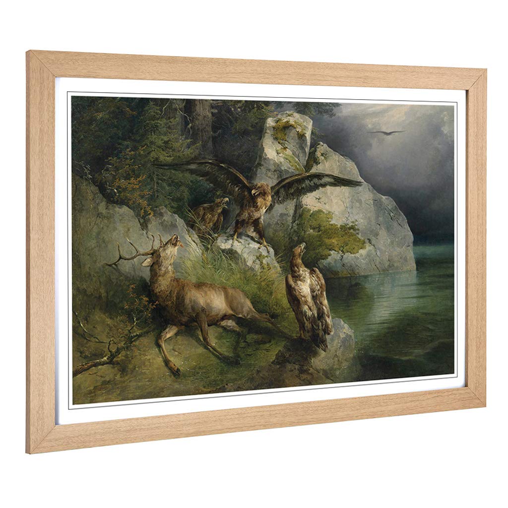 Big Box Art Framed Print of Friedrich Gauermann Eagles, Stag and Deer Design | Wall Art Picture | Home Decor for Kitchen, Living Room, Bedroom, Hallway, Oak, A2 / 24.5x18 Inch / 62x45cm