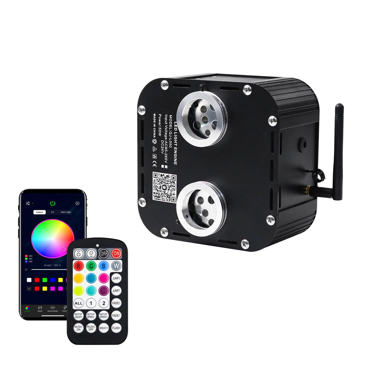 AZIMOM Dual Color High Brightness 50W Twinkle Fiber Optic Light Source RGBW Light Box Engine Diver Music Sensor Mode Bluetooth/RF Control for Home Star Ceiling Light Effect Decor