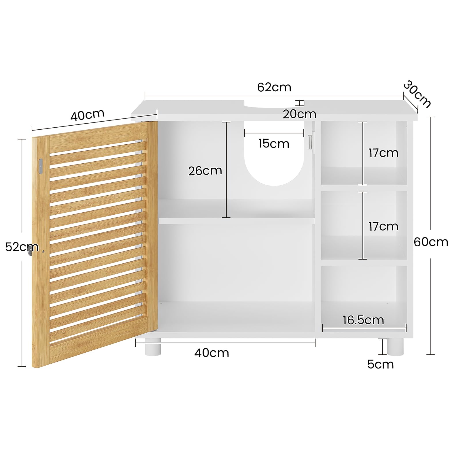 Waschbeckenunterschrank, Badezimmerschrank mit Bambustüren, 3 offene Fächer, viel Stauraum, Freistehend Badschrank Unterschrank, 62 x 30 x 60 cm