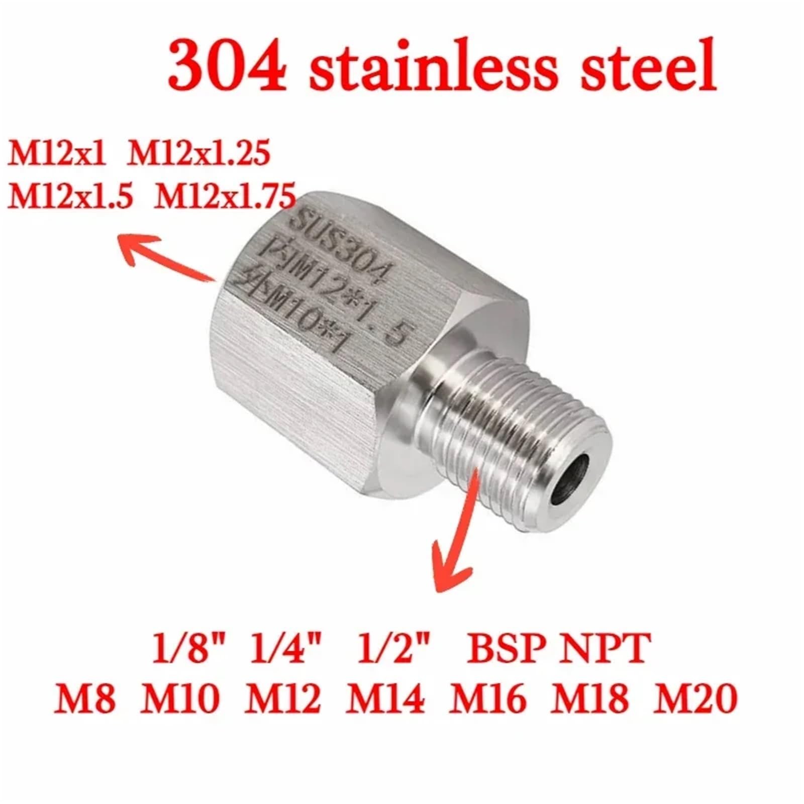 Adaptateur réducteur hexagonal mâle M12 femelle vers M10 mâle 1/8" 1/4" 3/8" NPT, en acier inoxydable 304, haute pression for manomètre, 1 pièce(M12x1.25 Female,1l8 BSPT Male)