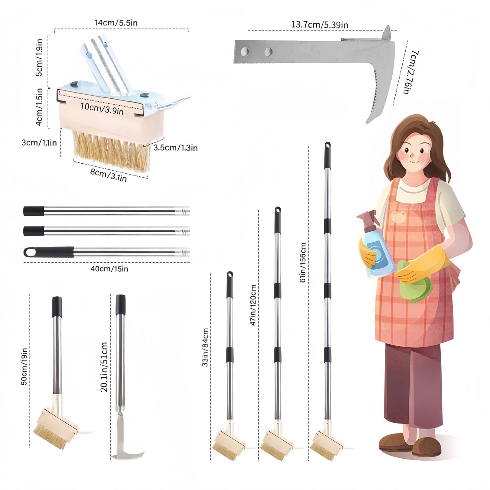 Ensemble d'outils de désherbage 2 en 1, crochet en acier inoxydable de 1,5 m et brosse en laiton, désherbant manuel pour pavés, allées, allées, fissures de jardin