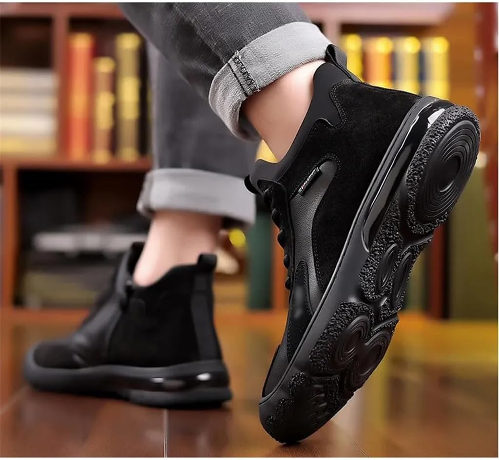 Winter Warm Leather Shoes Men's Cotton Shoes High Top Plus Fleece Sneakers Casual Woolen Leather Boots Men(42 Code)