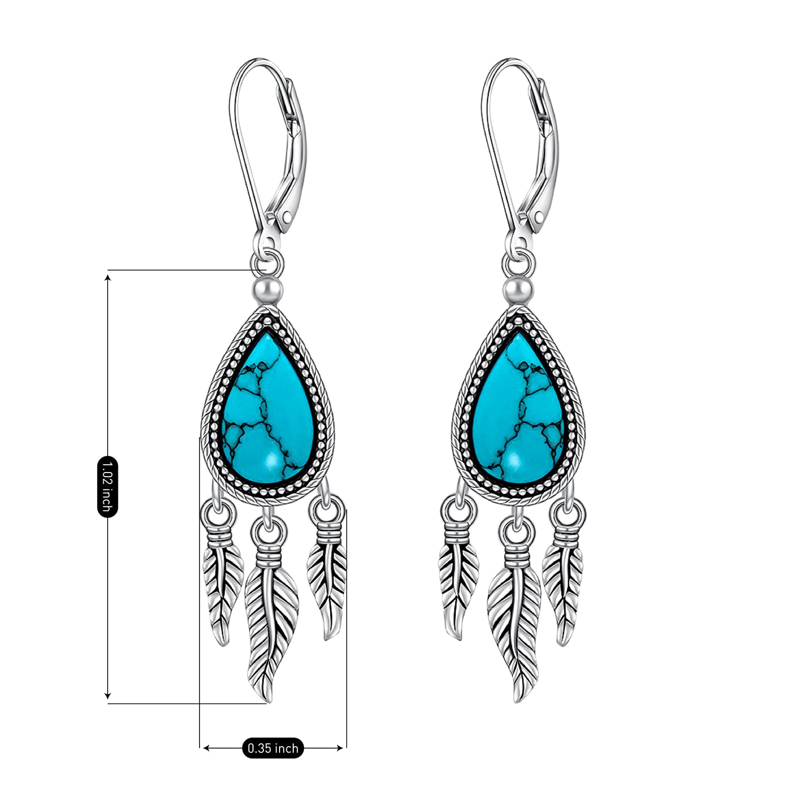 Orecchini a forma di piuma, da donna, in argento Sterling, con turchese autentico, pendenti, monachella, regalo per la festa della mamma, 1 inches x 0.35 inches, Argento sterling, Zirconie sintetico
