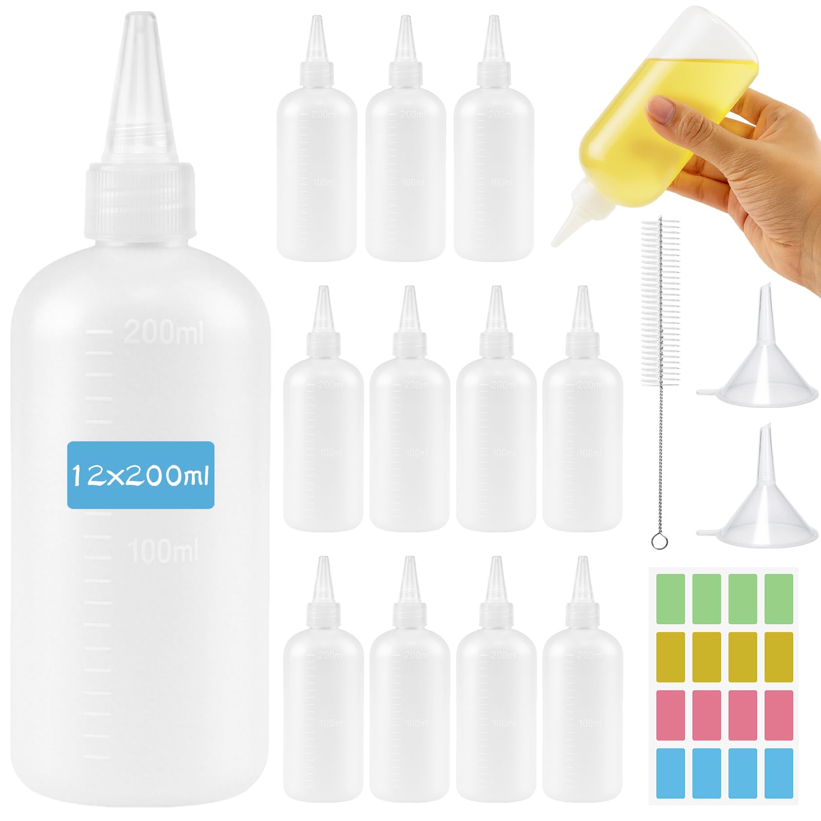 Ferenando 12 Pcs 200ml Squeezy Bottles with Nozzles, Plastic Squeeze Bottle Reusable, Small Condiment Bottle with Cleaning Brush, Funnels & Labels for BBQ Sauce Oil Ketchup Pigment Liquid
