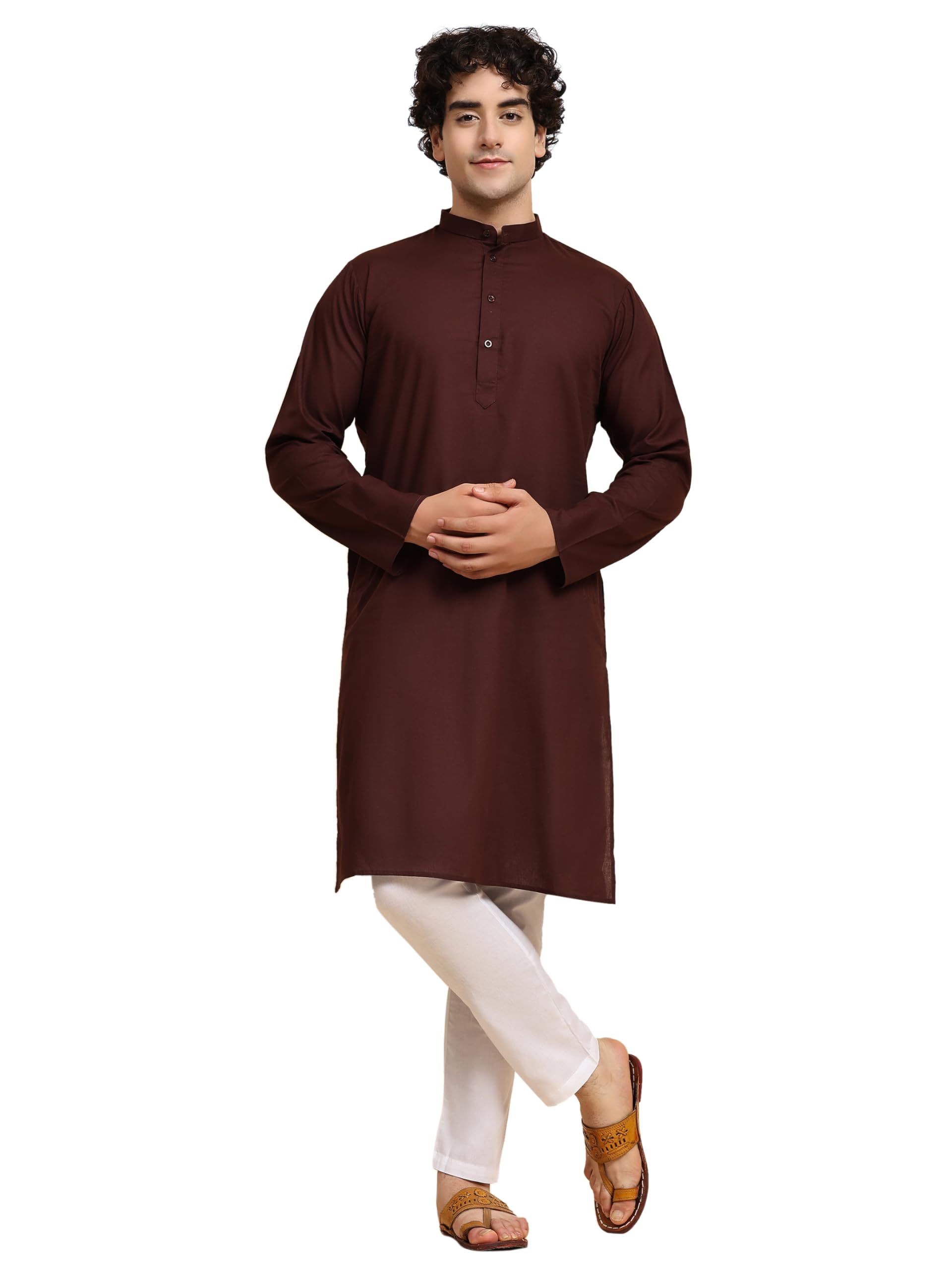 SKAVIJ Men's Casual Cotton Solid Kurta Pajama Set, Regular Fit Traditional Ethnic Wear for Comfort and Style Brown, S