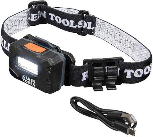 Klein Tools 56049 - Faro recargable  luces LED, correa de tela ajustable con marcador  soporte para lápices, 260 lúmenes, para trabajo y exteriores