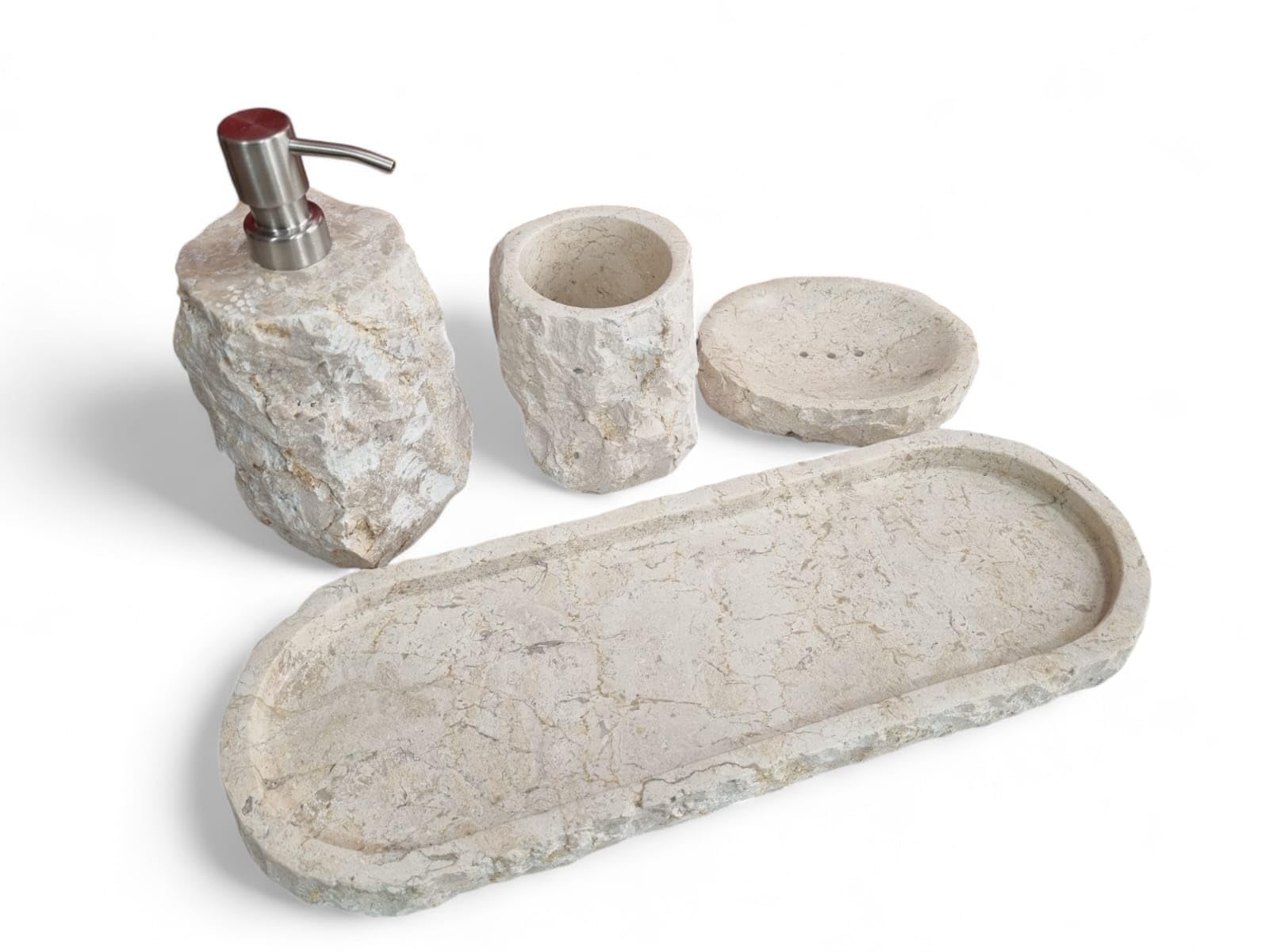 Juego de baño de mármol: vaso para cepillos de dientes, dispensador de jabón, jabonera, bandeja para su oasis de bienestar en piedra natural beige