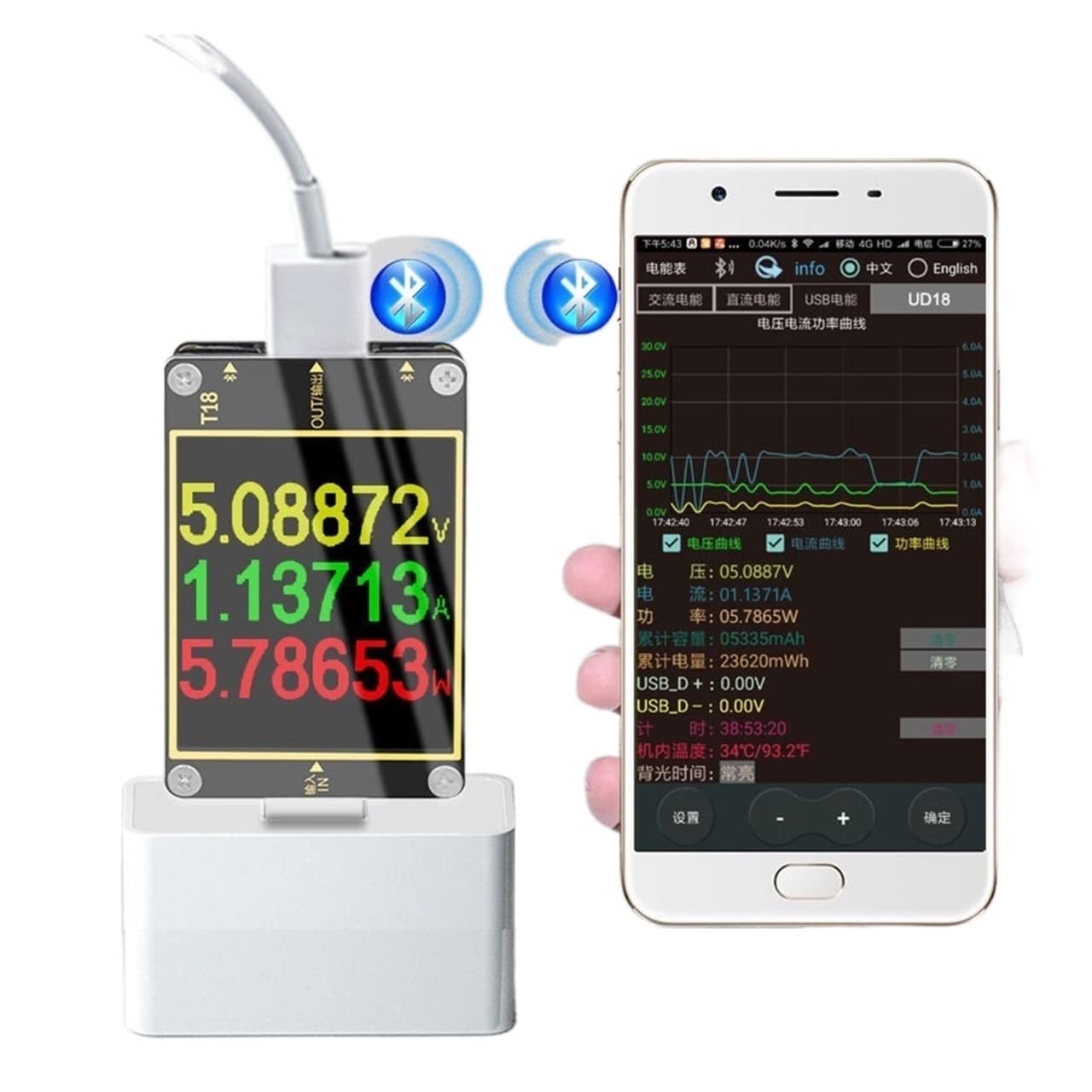 18. In 1 USB. Tester T18 Digital-Voltmeter-Amperometer Voltimetro DC Leistungsspannungszähler Strom Spannungsarzt 1,8" PD QC3.0. Detektor(Add load cable)