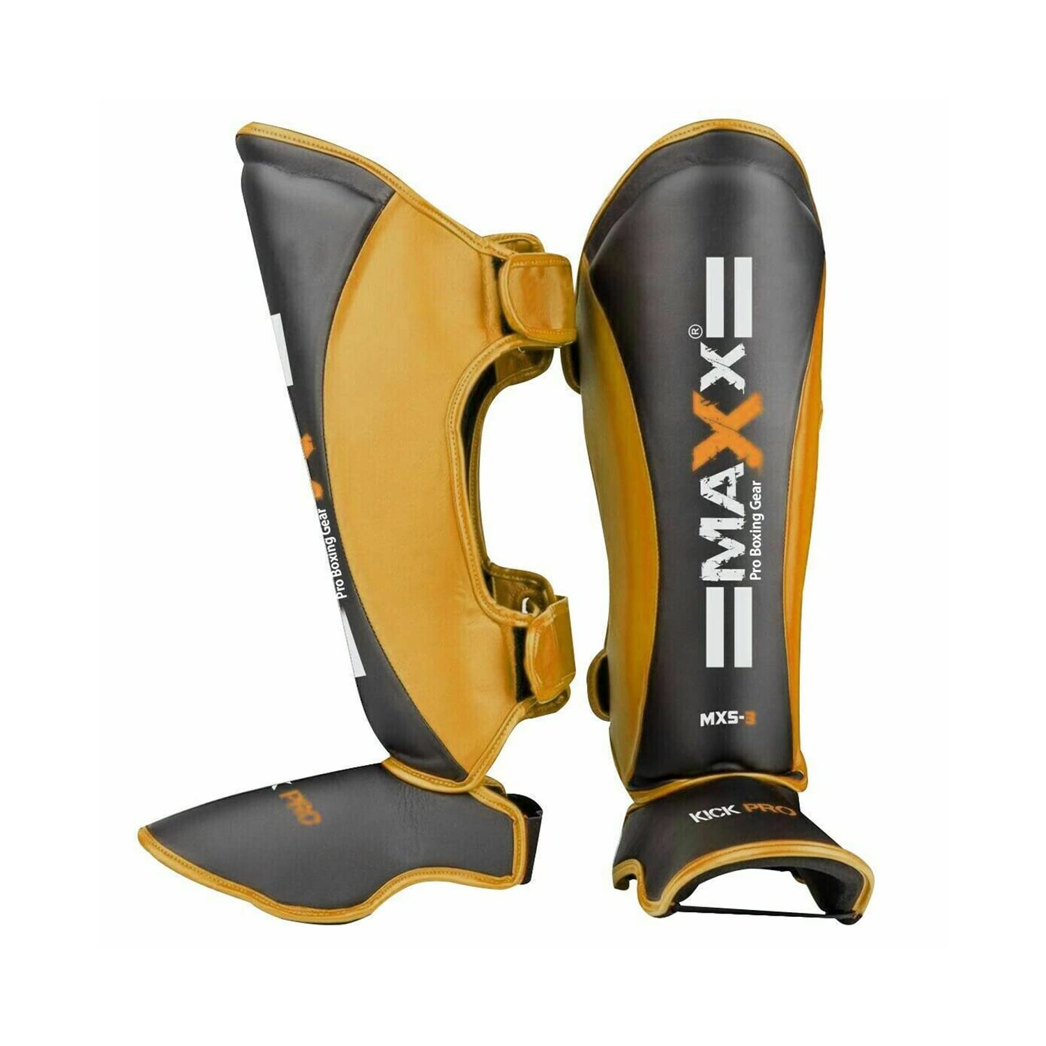 MAXX Adult Maya Grain Leather Boxing Shin Guard Instep Pad Leg Protectors Support Martial Arts (Black Gold, L)