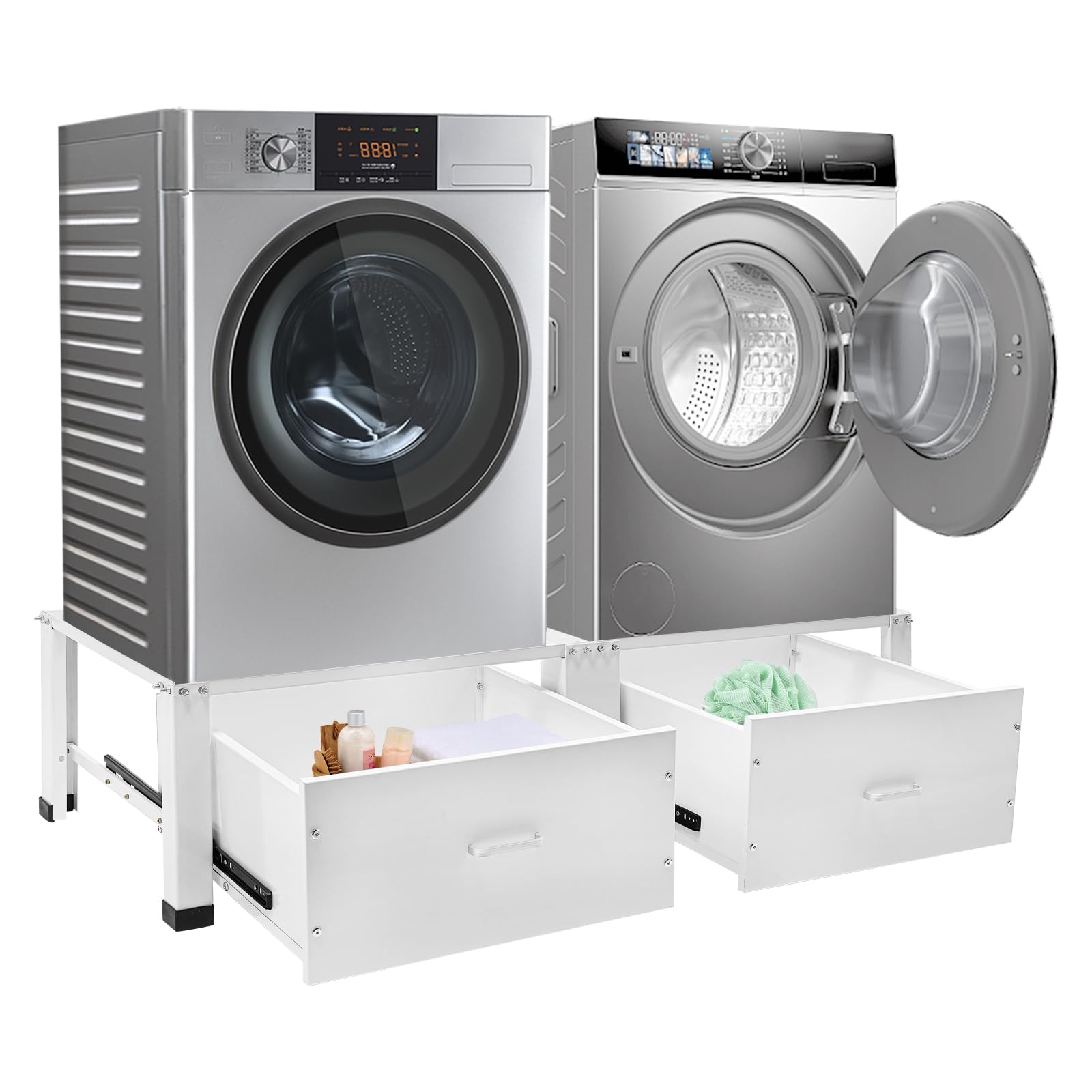 Washing Machine Base Frame, Free Standing Double Base Frame for Washing Machine and Dryer, Steel Washing Machine Base Frame with 2 Drawers, 12.6" Height