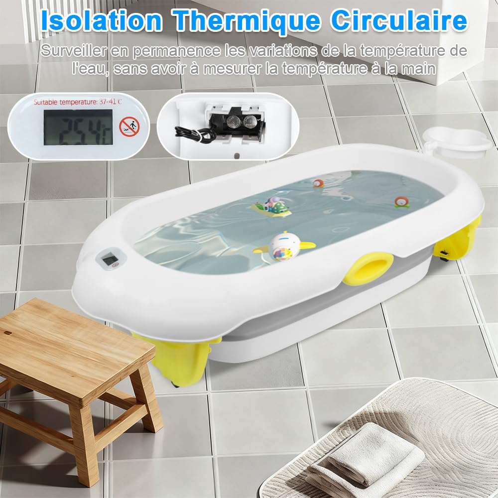 Bañera de bebé plegable con termómetro incorporado, que incluye soporte de baño y gorro de champú, fácil de limpiar, adecuado para su uso en la ducha y en el baño (gris)