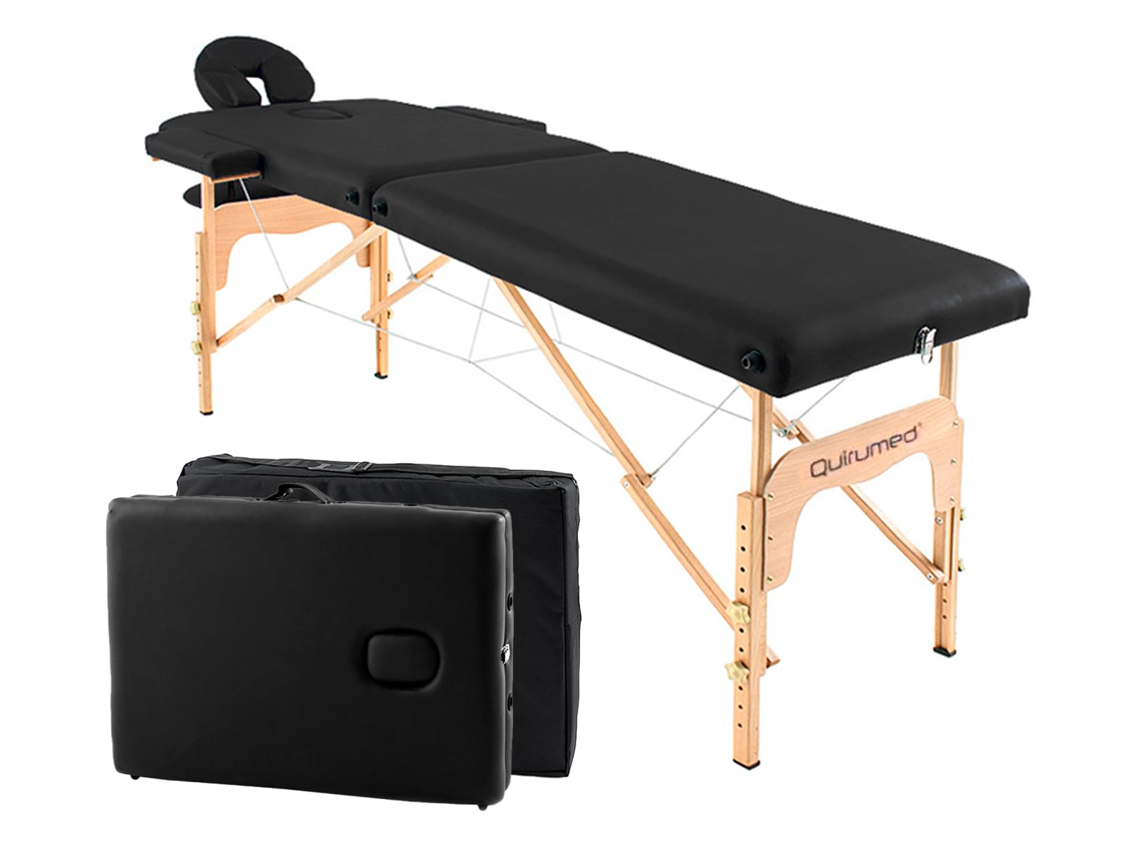 QUIRUMED Camilla de Masaje Plegable de Madera Easy, Color Negro, 182 x 60 cm, Polipiel, Portátil, Ligera Cabezal extraíble, Orificio Facial, Altura Regulable, hasta 120 kg