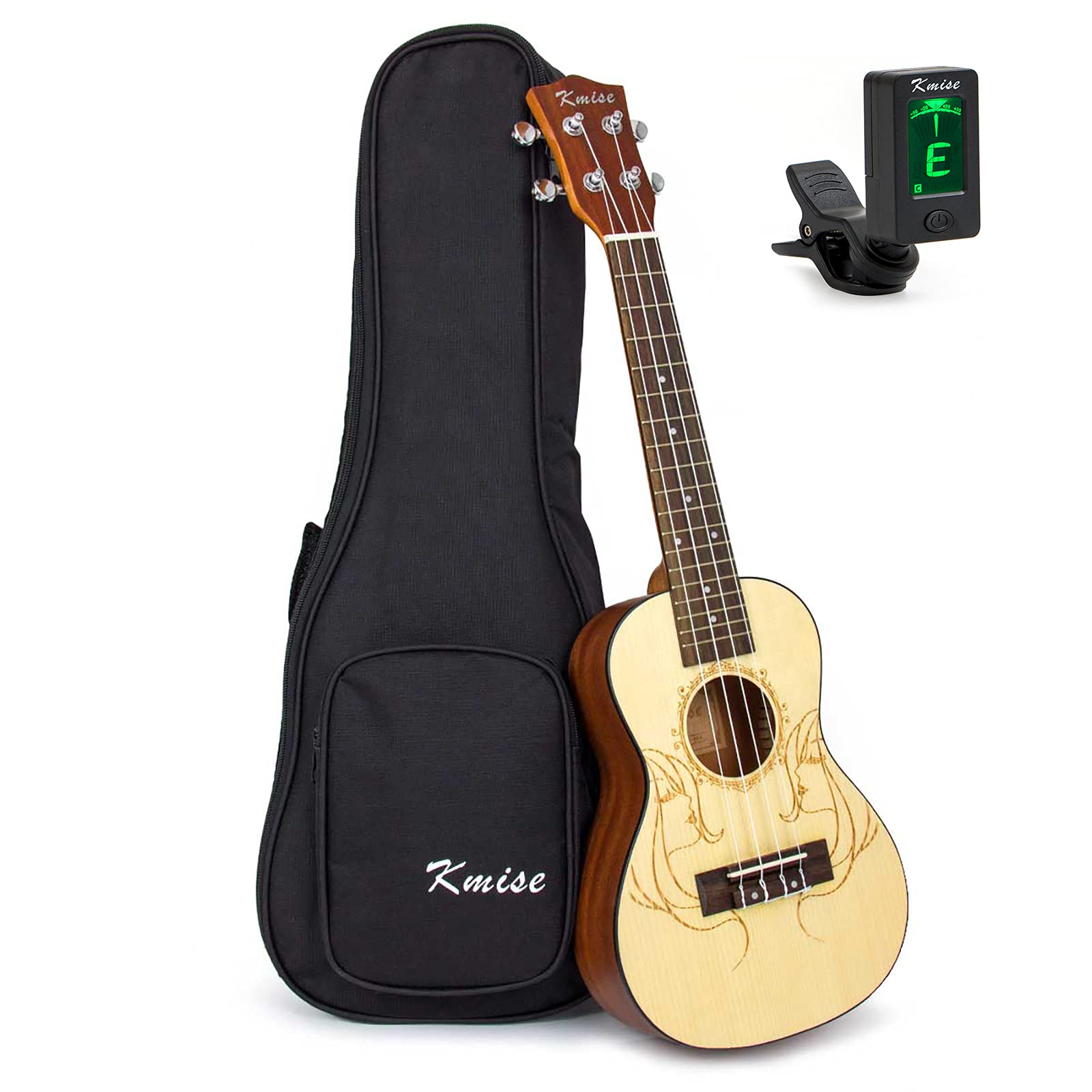 Concert Ukulele,Kmise Solid Spruce Ukelele 23 inch 4 String Hawaii Guitar Uke with Bag and Digital Tuner