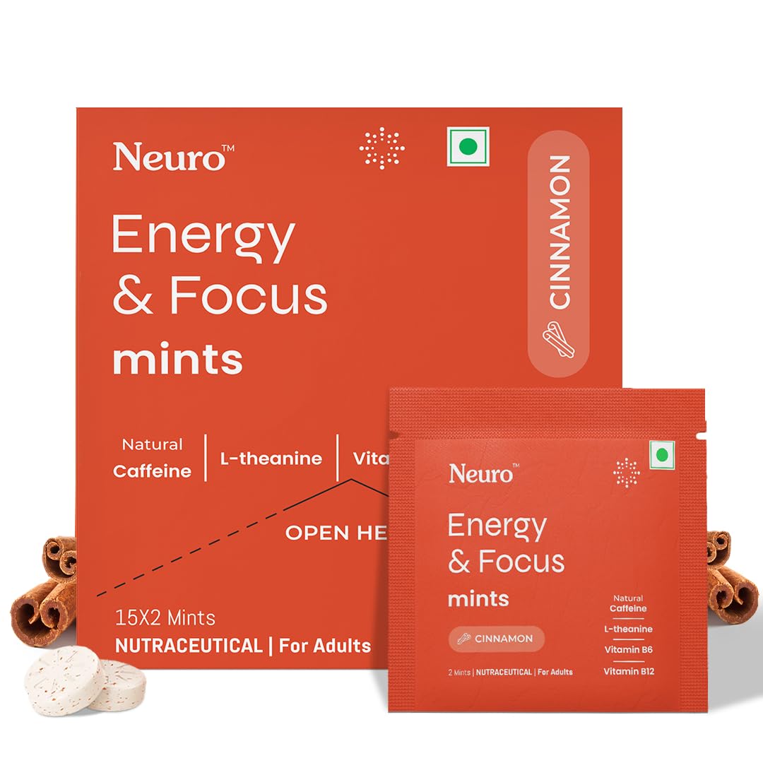 Energy Caffeine Mints (15 X 2 sachets) - Sugar Free with L-theanine + Natural Caffeine + Vitamin B12 & B6 - Energy & Focus Supplement for Women & Men - Cinnamon Flavor | Pack of 1 (30 Mints)