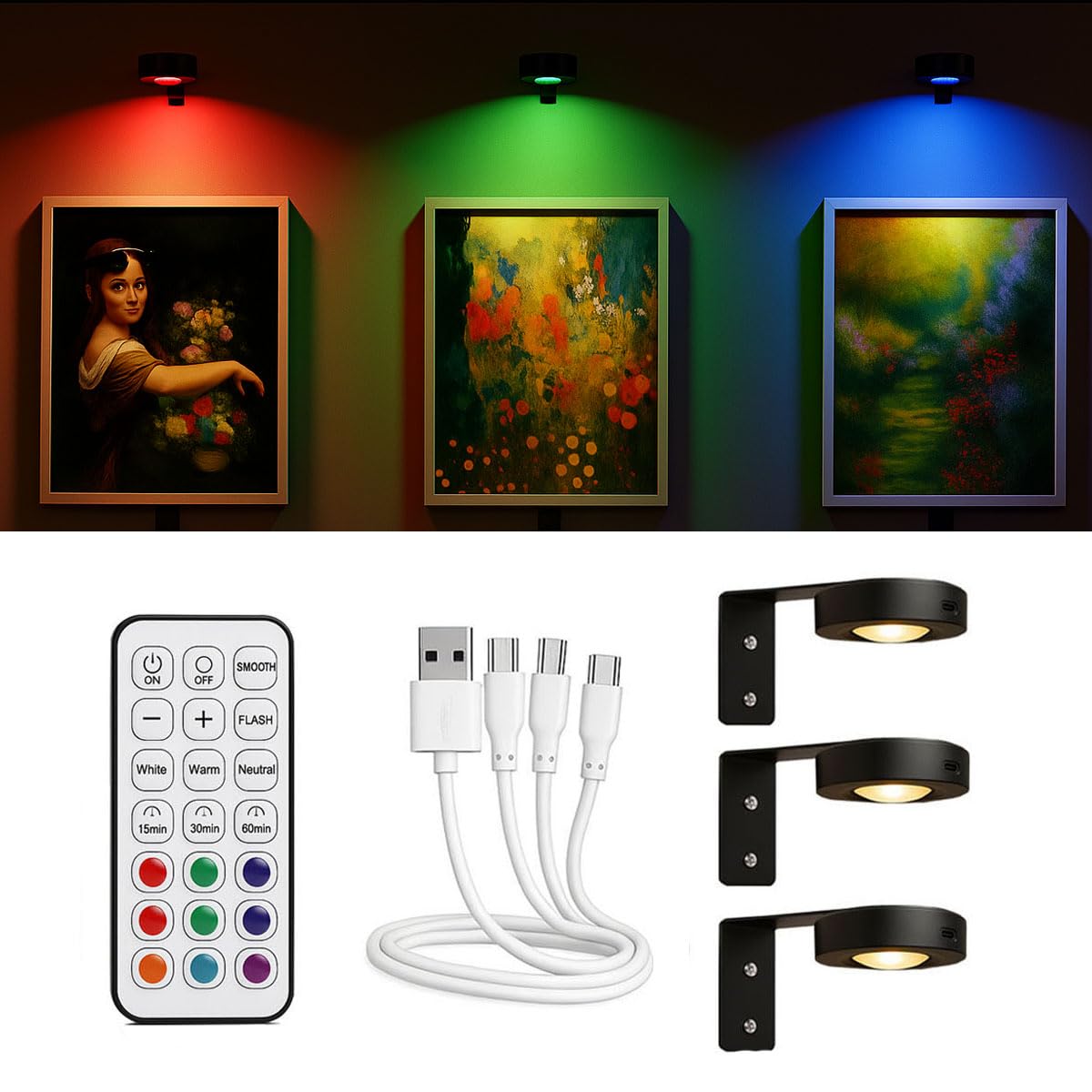 Wandlampe akku 3er Set, Led Wandleuchte ohne Stromanschluss, Bilderleuchte Kabellos, RGB & Weißlicht, Dimmbar, Fernbedienung, Timer, Nachttischlampe, Batterie Lampen für Bilder, Dartboard, Wanddeko