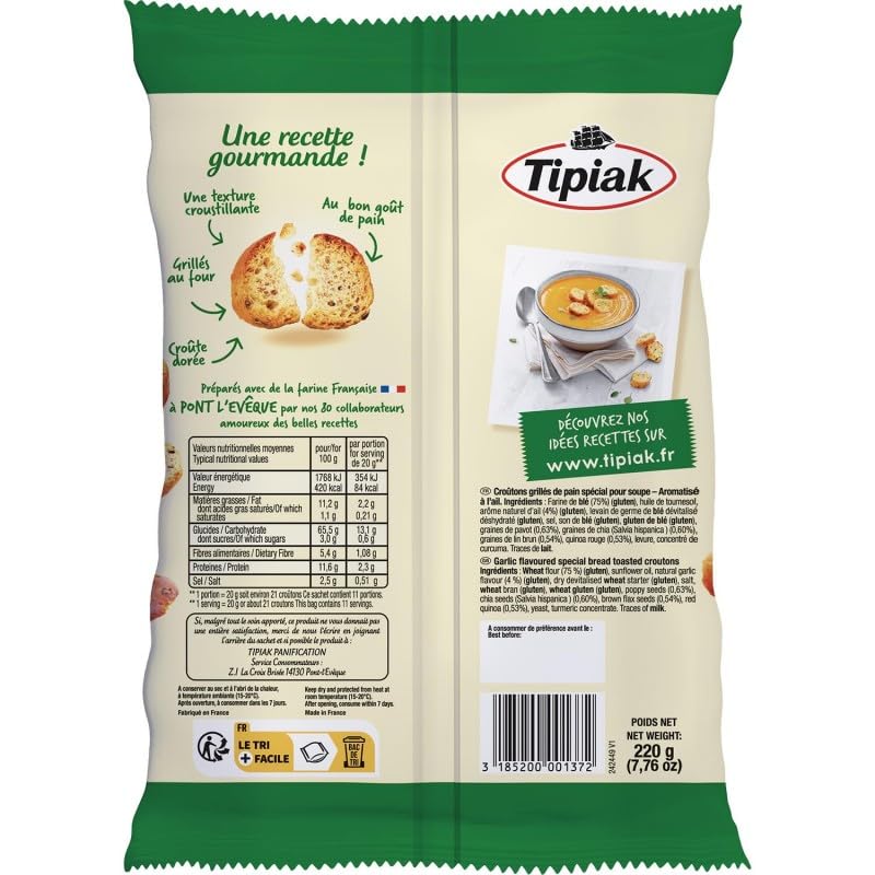 Délice croustillant à l'ail de TIPIAK - Croûtons de pain savoureux 220g, parfait pour vos soupes! Subtilité croquante et saveur exquise! - Le Lot De 3