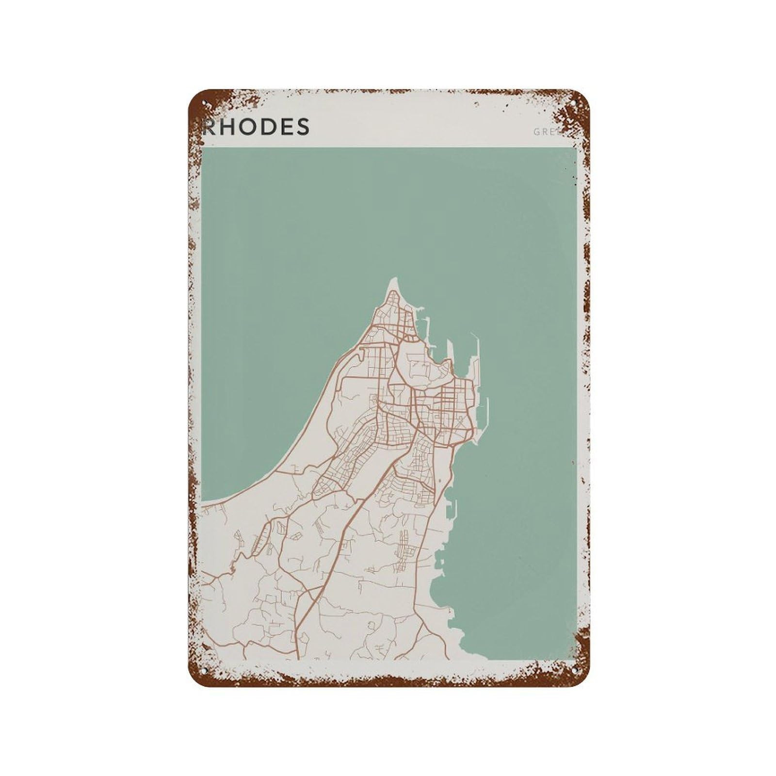 xiaoxiaoshen Rhodes Map Greece Travel Gift Minimalist Wall Decor Art Metal Tin Poster Modern Home Decor Art Home Bar Shop Decorations Vintage Sign 30x20cm