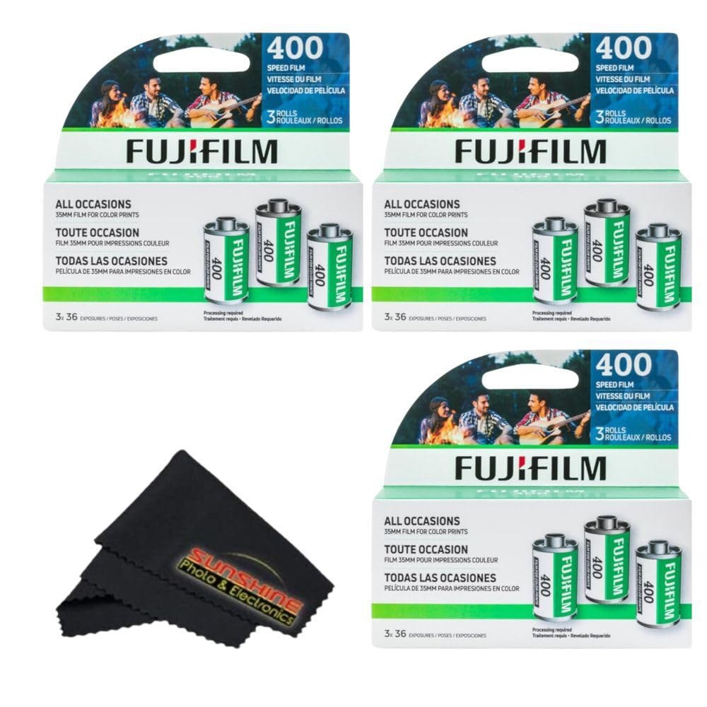 Fujifilm Fujicolor 400 Color Negative Film (35mm Roll Film, 3x36) + Sunshine Photo Microfiber Cleaning Cloth (3 Pack)