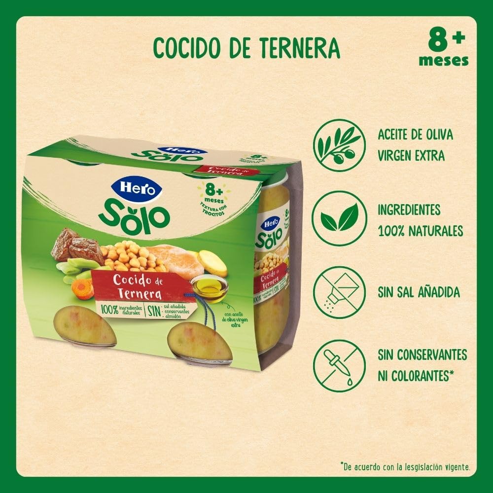 Hero Baby Recetas Caseras Potito de Cocido de Ternera para Bebés a partir de 8 meses Pack de 2 x 190 g