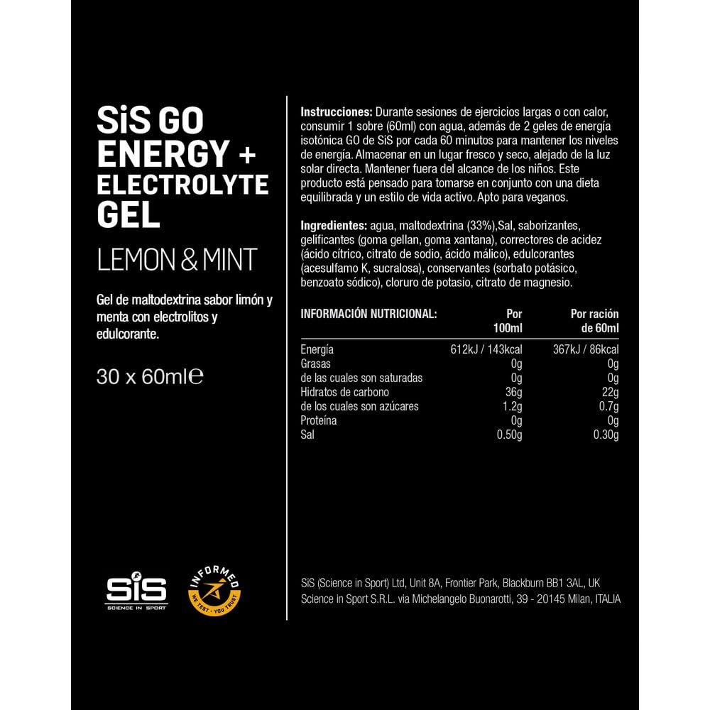 Science in Sport GO Gel Energético + Gel de Electrolitos 30 x 60ml Limón Menta Vegano - Ideal para la entrega de energía y el equilibrio de electrolitos.