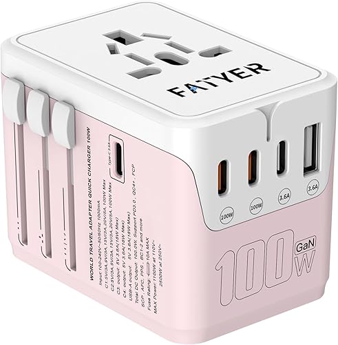 Adaptador de viaje universal de 100 W, tecnología de carga rápida FATYER GaN para 4 TYP-C y 1 USB-A compatible con EuropaReino UnidoAUSEE. UU.,