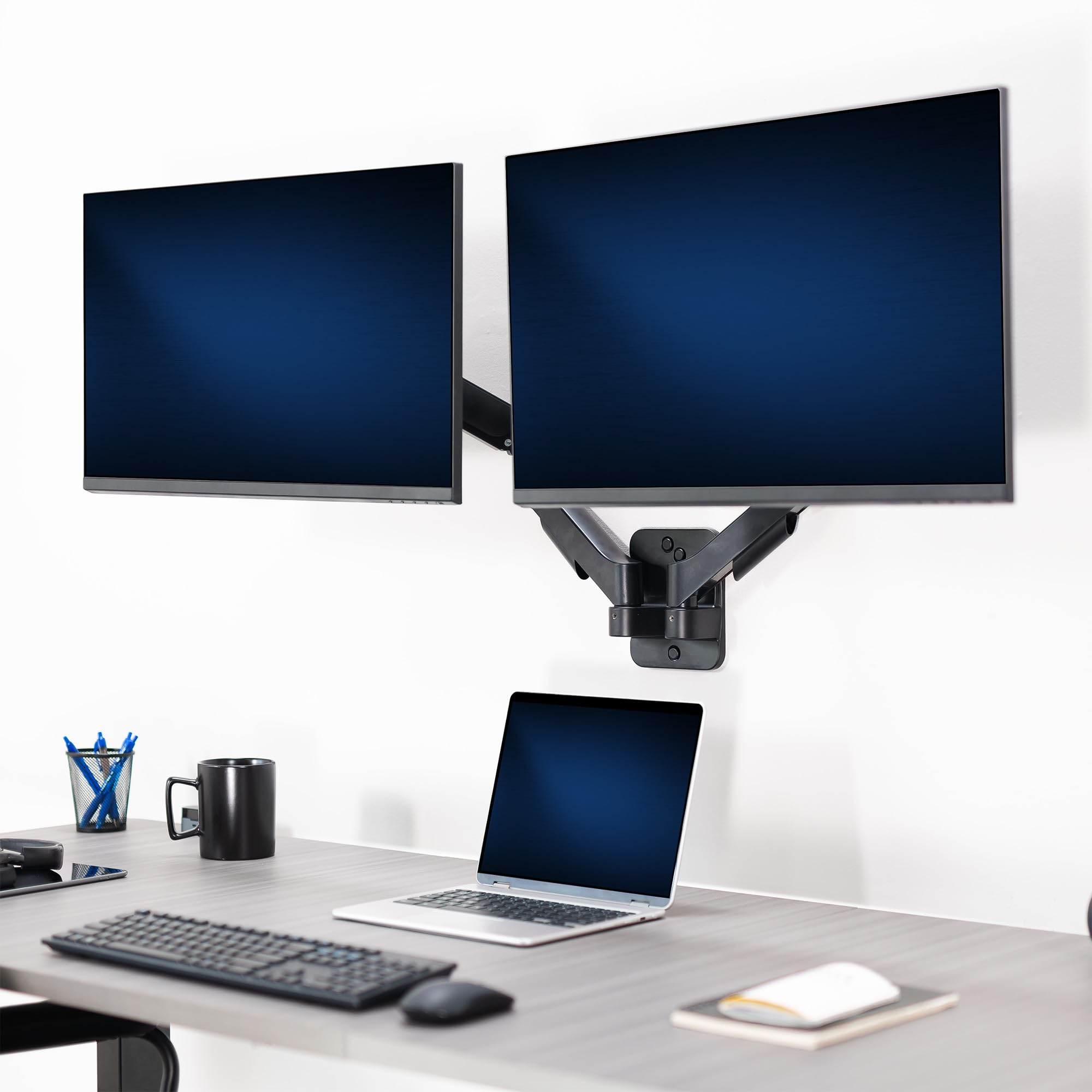 VIVO Supporto da parete per doppio monitor regolabile in altezza con braccio esteso, movimento completo, articolato, adatto a 2 schermi da 17 a 27", nero, MOUNT-V002G