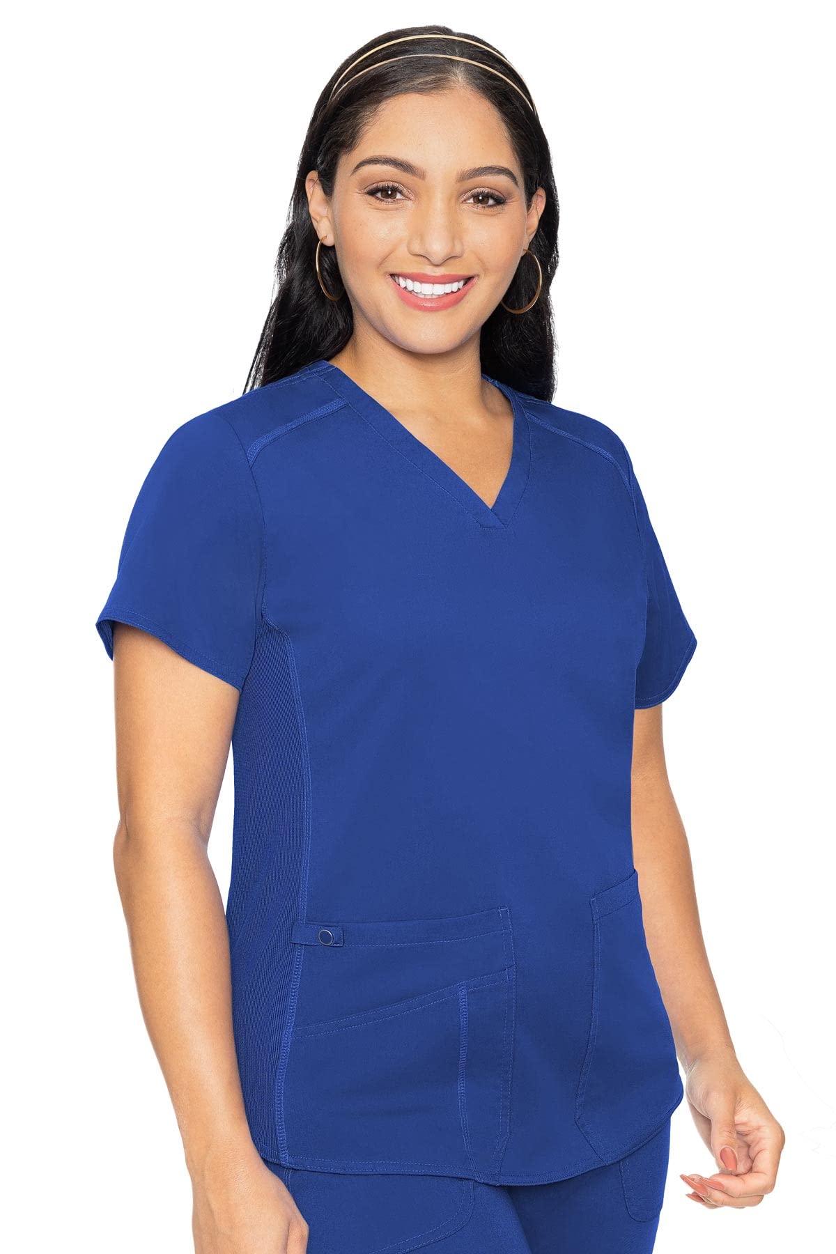 Med Couture V-Neck Scrub Top for Women with 4 Pockets, Rib-Knit Side Panel, and Shirttail Hem MC7459