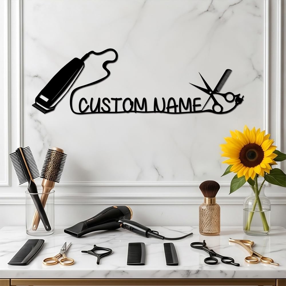 Custom Beauty Salon Metal Sign Home Decor,Personalized Hairstylist Name Signs Wall Art Hanging,Customized Barber Shop Name Signs Gifts for Men,Women,Stylists,Hairdresser,Barbershop Welcome Plaques