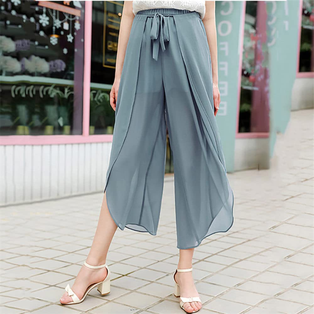 Wide Leg Hose Damen, Damen-Chiffon-Hose Mit Weitem Bein Solide Palazzo-Hose Mit Kordelzug Halbe Elastische Taille Elegante Fließende Geschwungene Culottes-Hose Modische Leichte Luftige Kurz Geschni