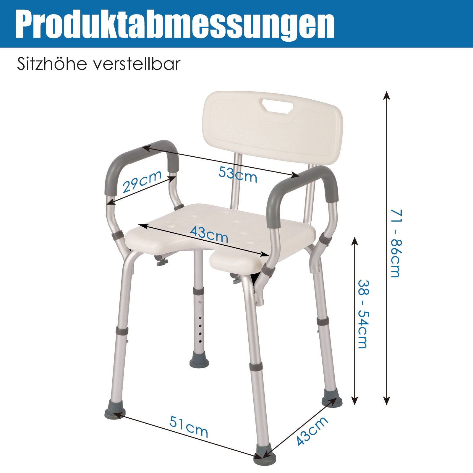 EasyVibe Krzesło prysznicowe dla seniorów, siedzisko prysznicowe, krzesło prysznicowe z podłokietnikami i oparciem, krzesło kąpielowe dla seniorów – montaż bez użycia narzędzi, regulacja wysokości
