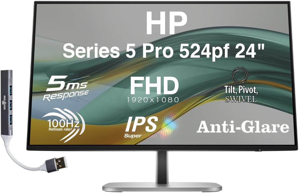 HP Series 5 Pro 27" FHD IPS Monitor with 120 Hz 350 Nits, 5ms, Anti-Glare, Flicker Free, VESA Mount (100mm), Adjustable Height, Swivel, Pivot & Dockztorm USB Port Expander