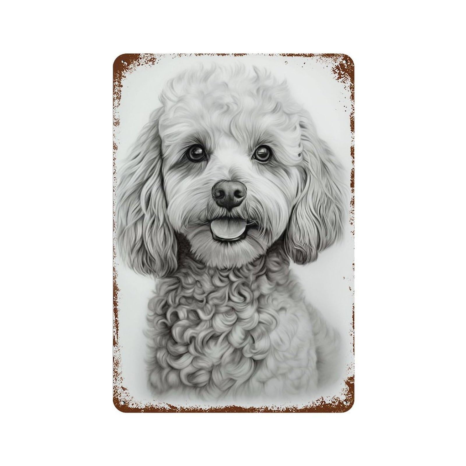 Garage Style White Poodle Drawing Aged Metal Wall Plaque 11.8"x7.9", Decorative Metal Wall Art for Bar And Workshop