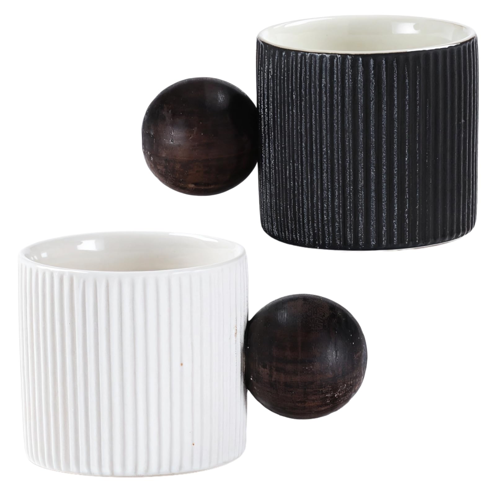Ceramic Espresso Cups, Set of 2, 2Oz Mugs with Wooden Handles, Vertical Stripes for Hot & Cold Drinks