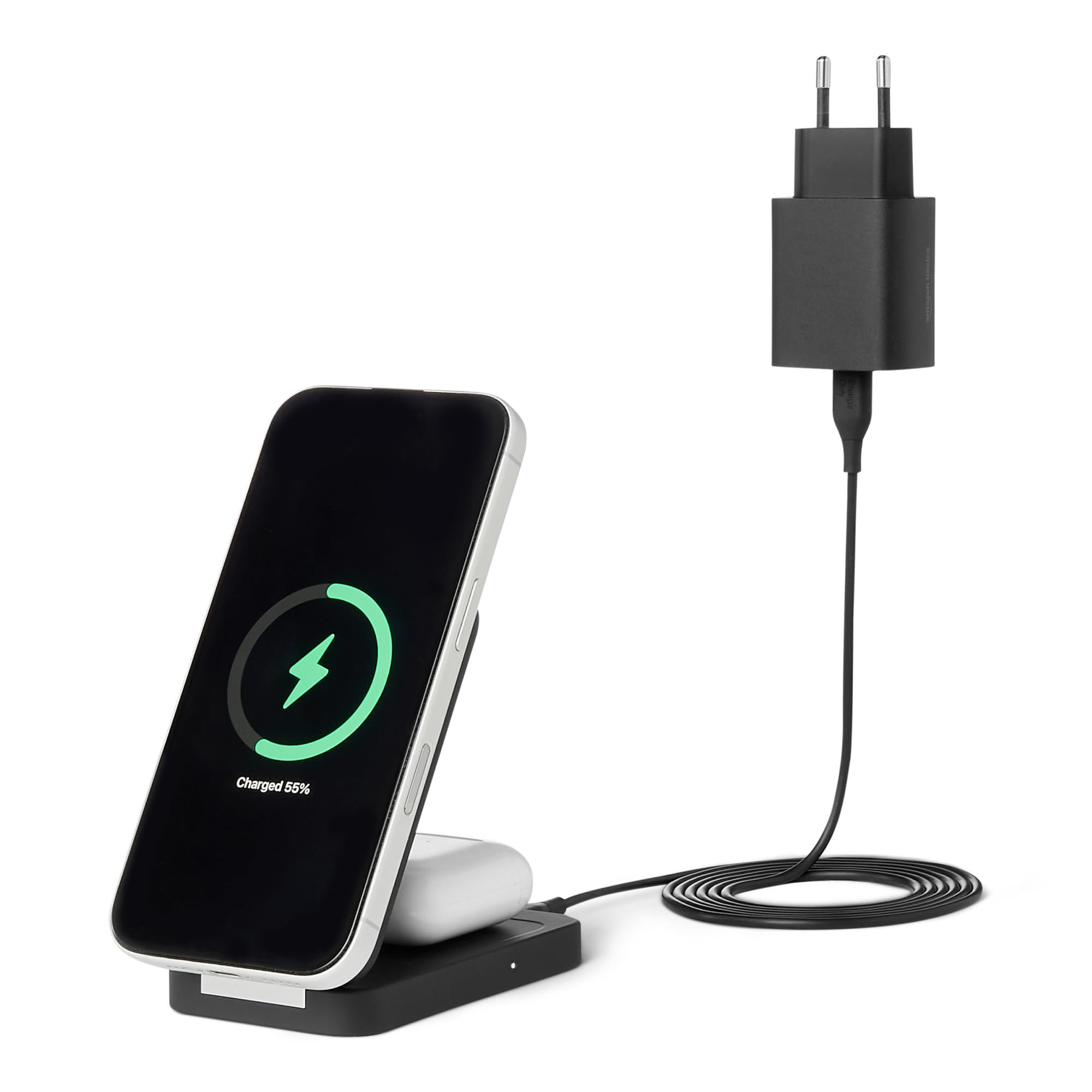 Amazon Basics Station de Recharge sans Fil 2-en-1 Compatible MagSafe, Recharge Rapide 25W Max., Certifiée Qi 2.2, Support Pliable iPhone 17/16/15/14/13/12, AirPods, Adaptateur 45W, Noir
