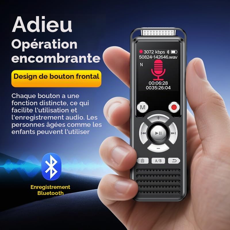 EVISTR Dictaphone numérique 3072Kbps 64 Go Bluetooth avec réduction du bruit Double microphone à activation vocale pour conférences/entretiens/réunions