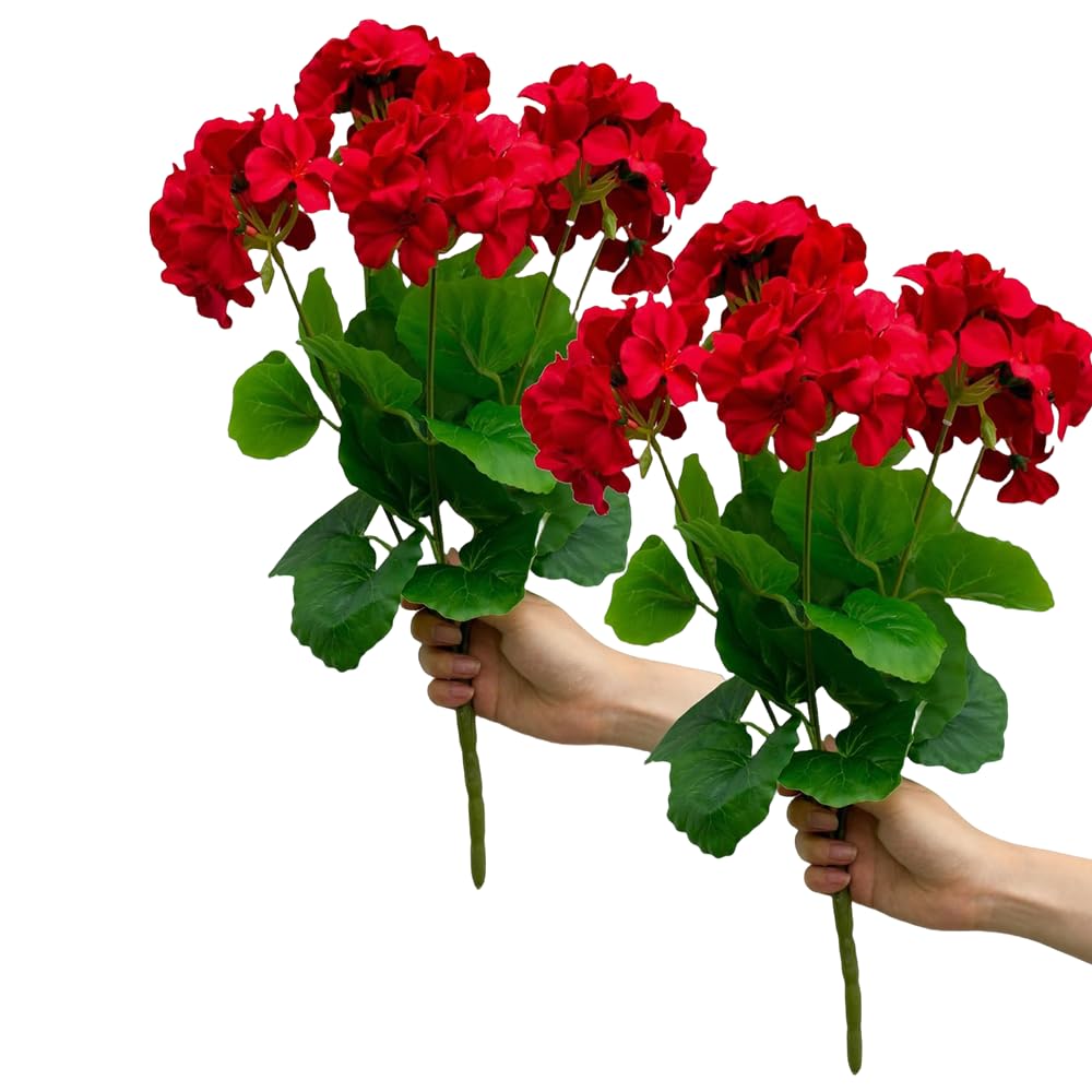 Tongman Red Geranium Flower 2Pcs 13.7'' Artificial Geraniums Silk Flowers Plants Home Outdoor Decor Garden Wedding Kitchen Garden Table Centerpieces Indoor Outdoor Decor (Red Geranium Flower)