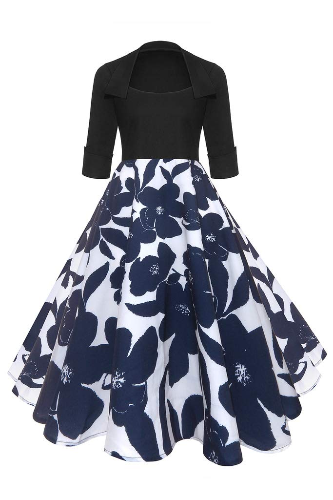 Befily Womens Vintage 1950s' Retro 3/4 Sleeve Party Dress Lapel Flowy Floral Cocktail Midi Dress Black