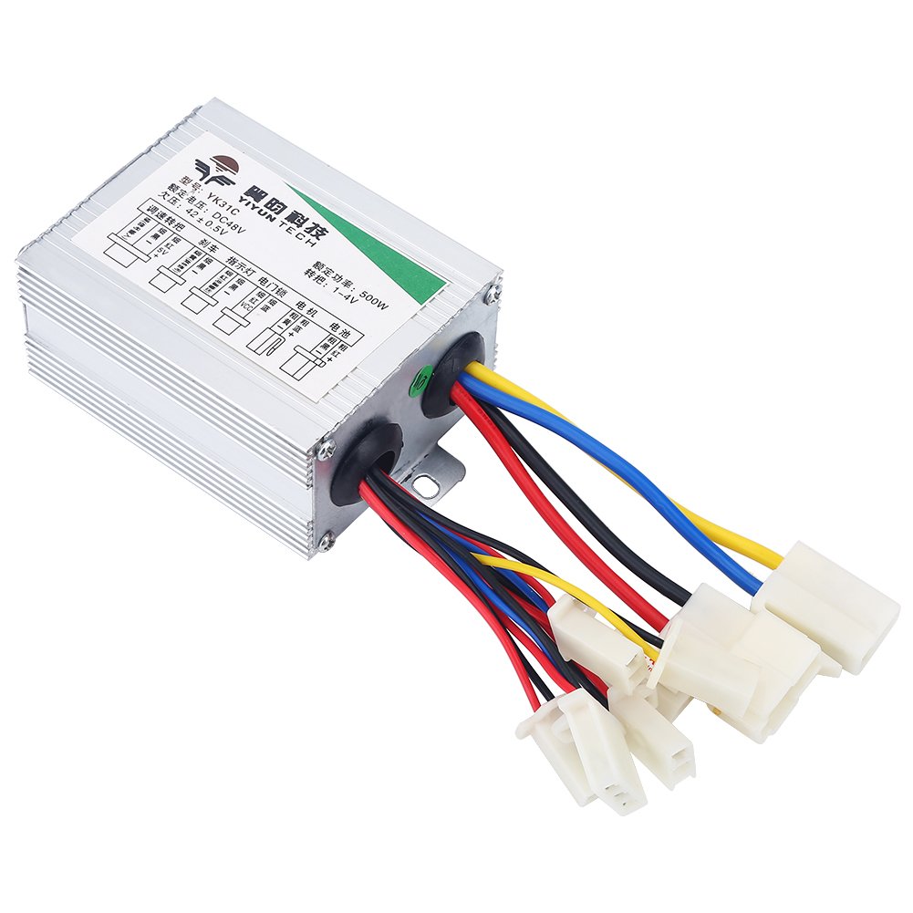 Fuq view of the Alomejor 48V 500W Brushed DC Motor Speed Controller showing various labeled wire connectors for battery, motor, throttle, brake, and charging.