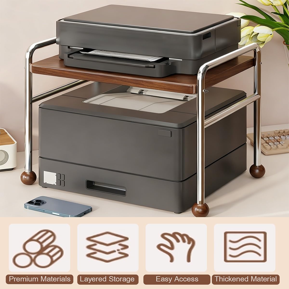 Soporte para impresora con parte superior de madera, estante de acero de 2 niveles, cajón extraíble, solución de almacenamiento de escritorio para oficina en casa, gran capacidad